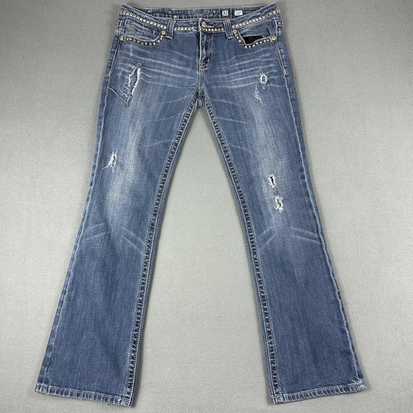 Miss Me Jeans Womens 32 Blue Boot Cut Distressed Studded Rhinestone Embellished - Picture 1 of 12